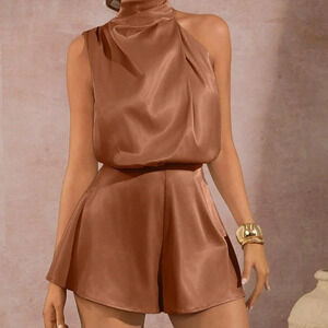 Brown Elegant Women's Asymmetrical Mock Neck Draped Front Satin romper